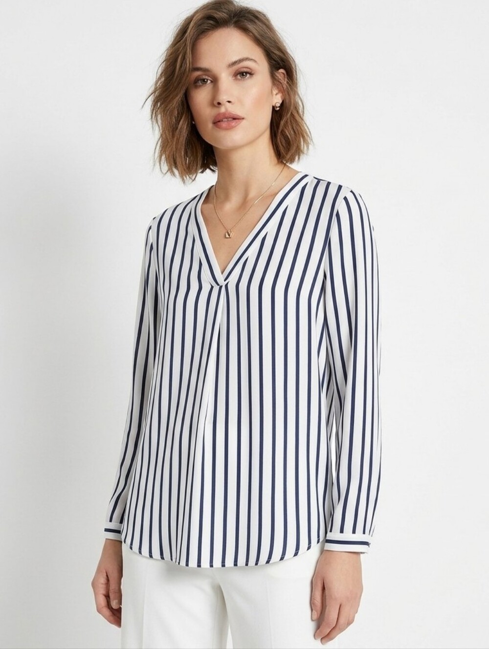 Adrianna Papell White and Navy Vertical Stripe V-Neck Blouse Large